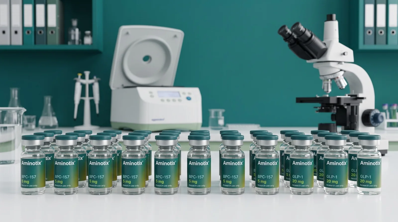 Aminotix research vials on a laboratory bench