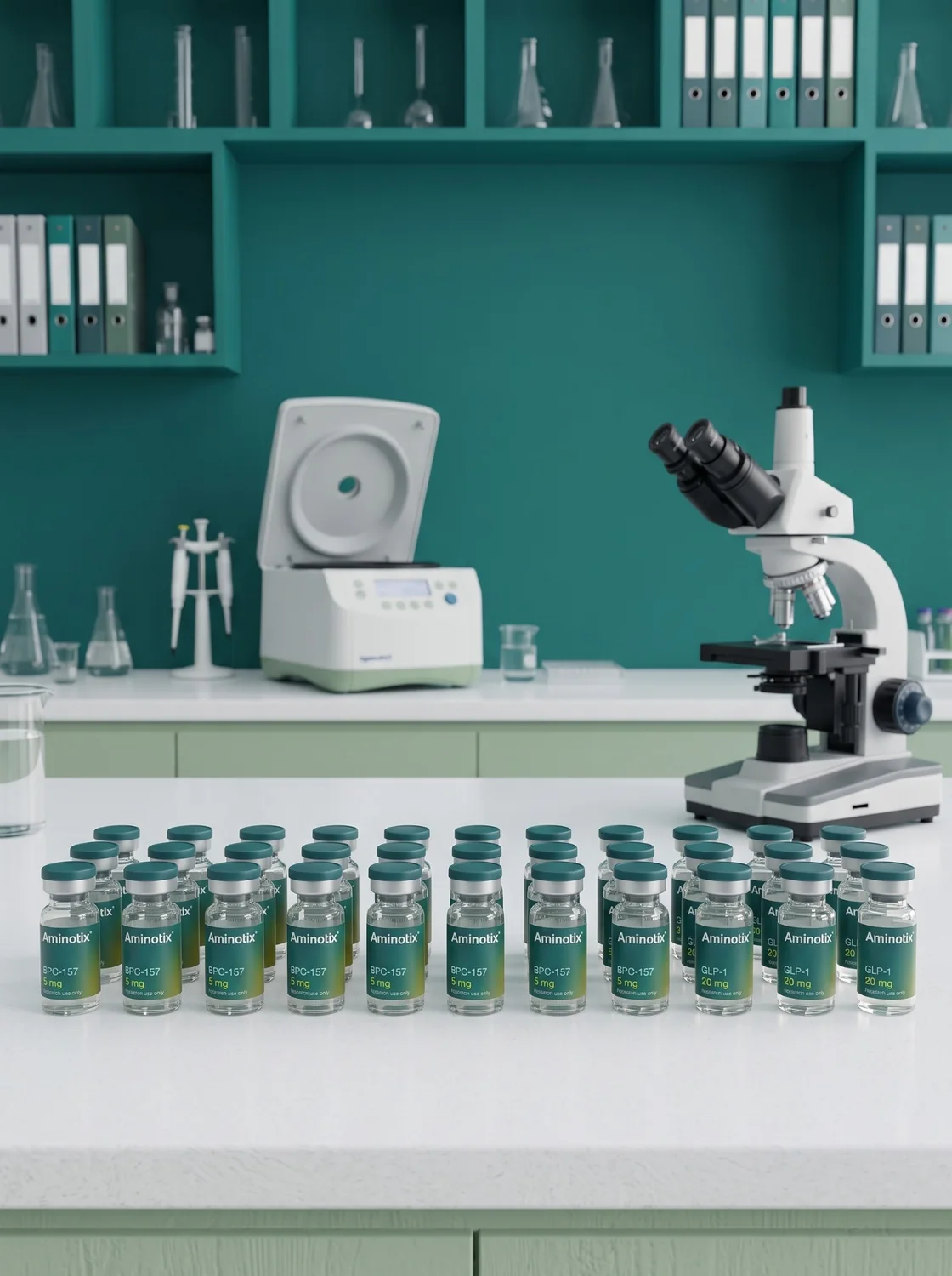 Aminotix research vials on a laboratory bench