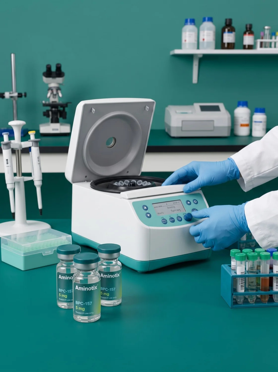 Aminotix research vials beside a laboratory centrifuge