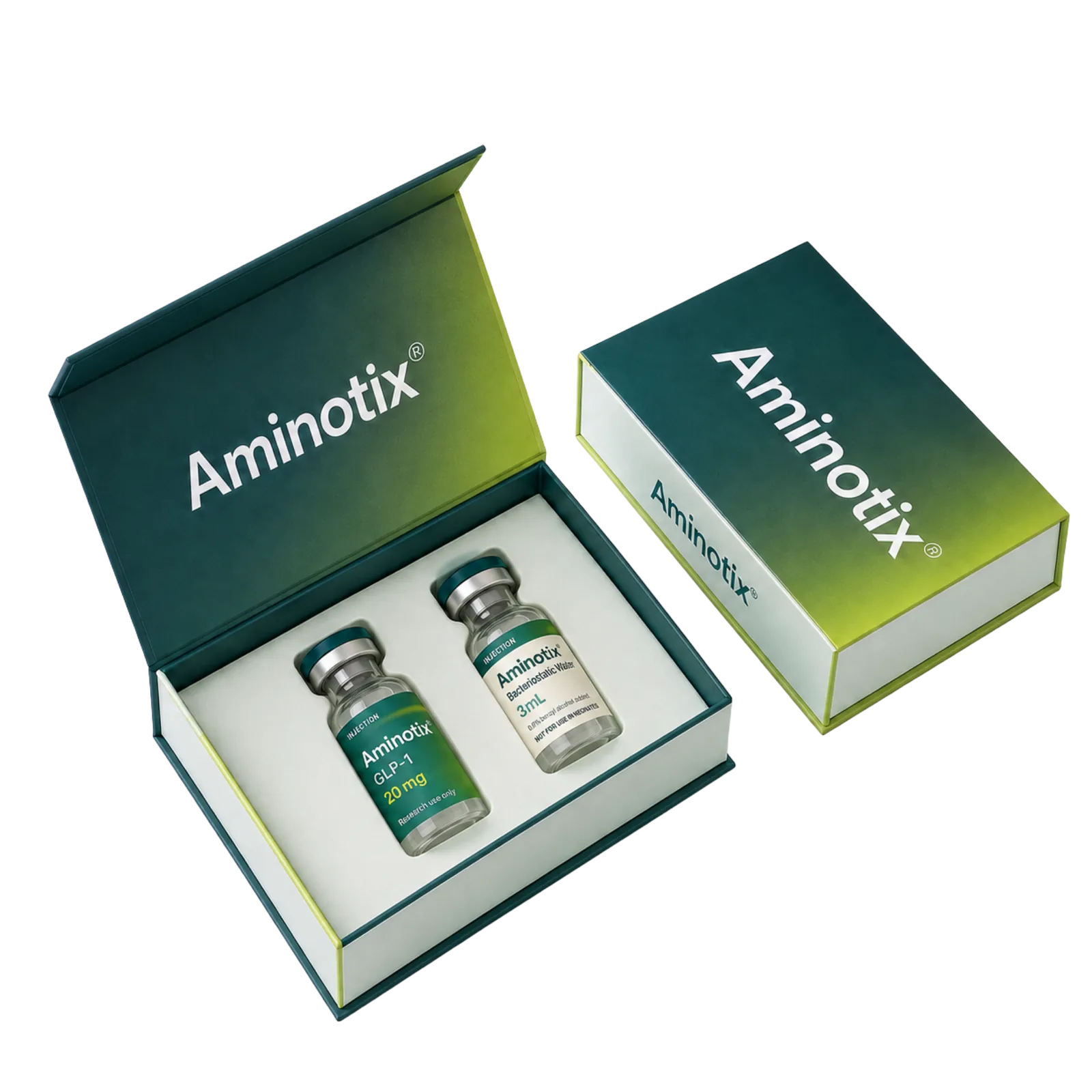 Aminotix starter box, open, with two GLP-1 vials